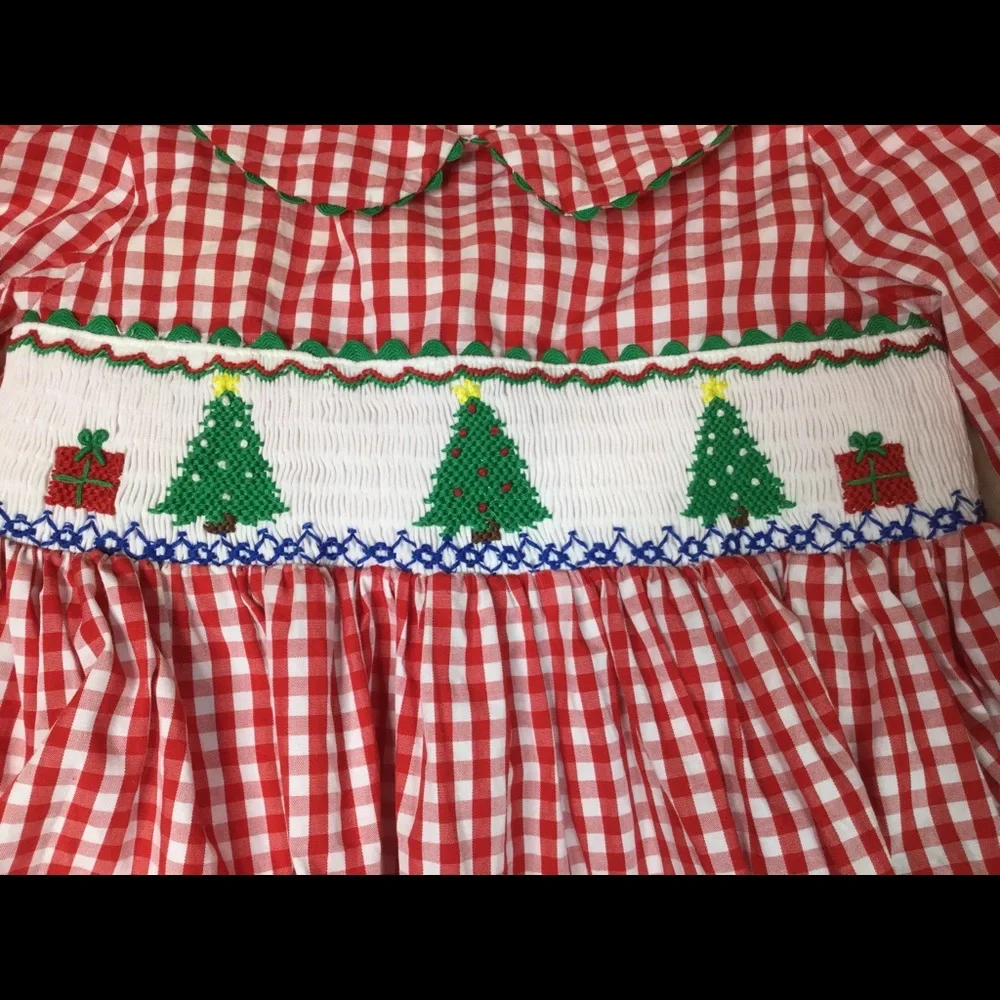 Marmellata Red Check Christmas Tree Smocked Dress